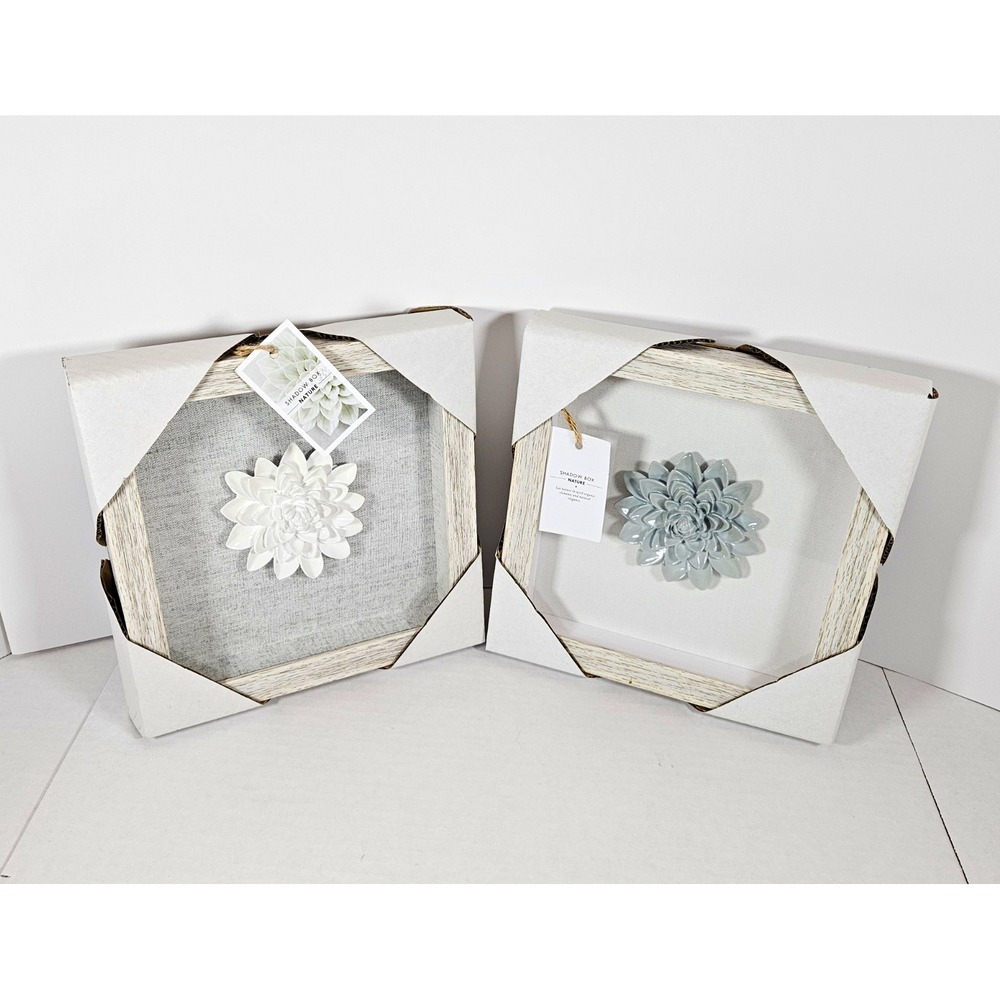 Set of 2 Floral Shadow Box Wall Decor, Distressed Wood, White/Gray